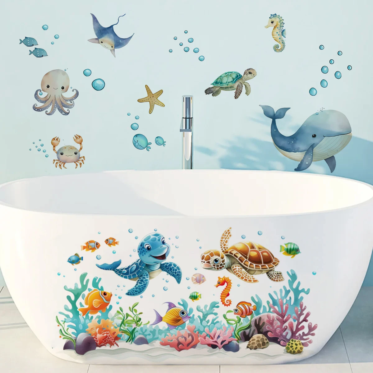 Pegatina mural acuarela de animales marinos con coral y tortuga - imagen 4