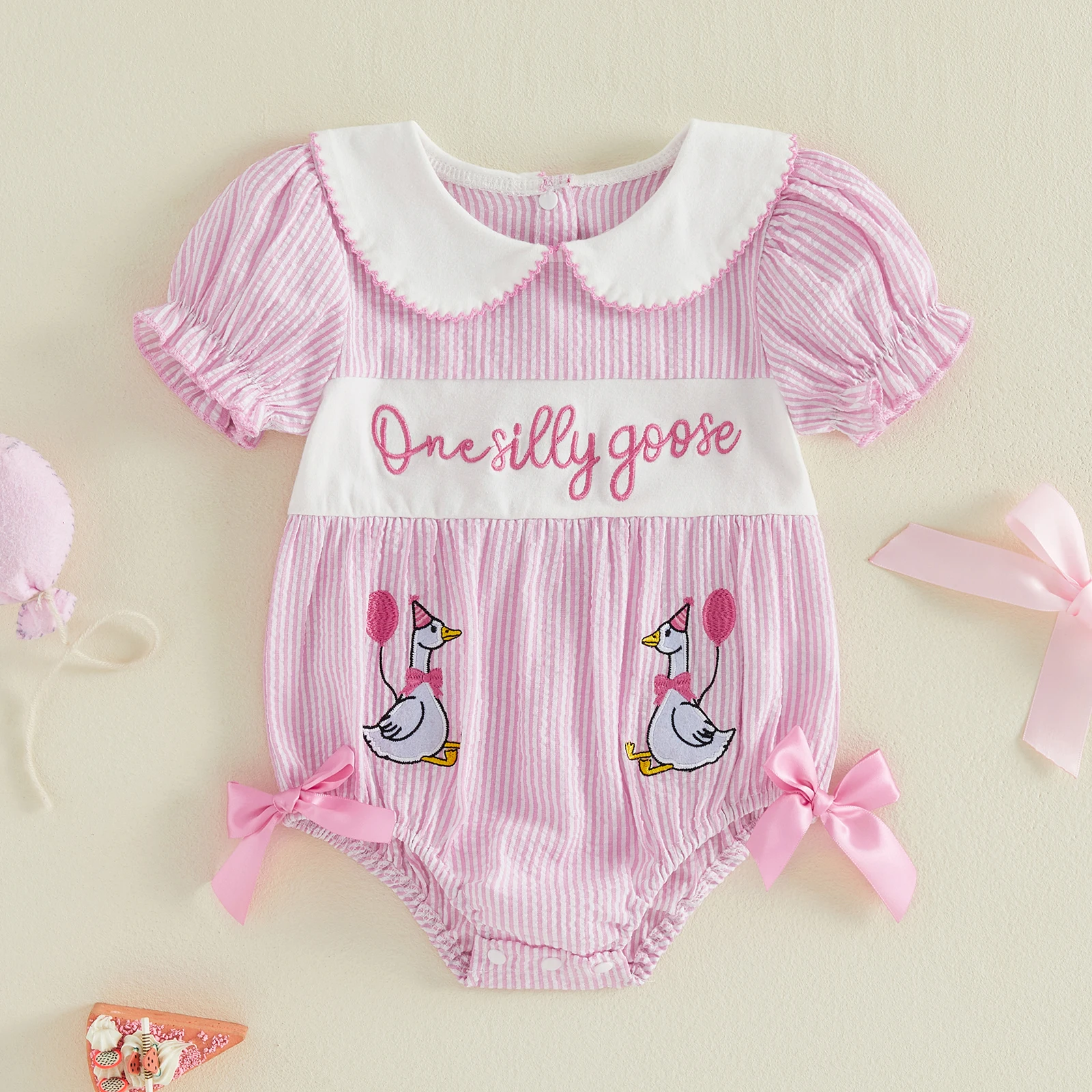Body de bebé niña manga corta cuello tipo muñeca rayas bordado ganso - imagen 3