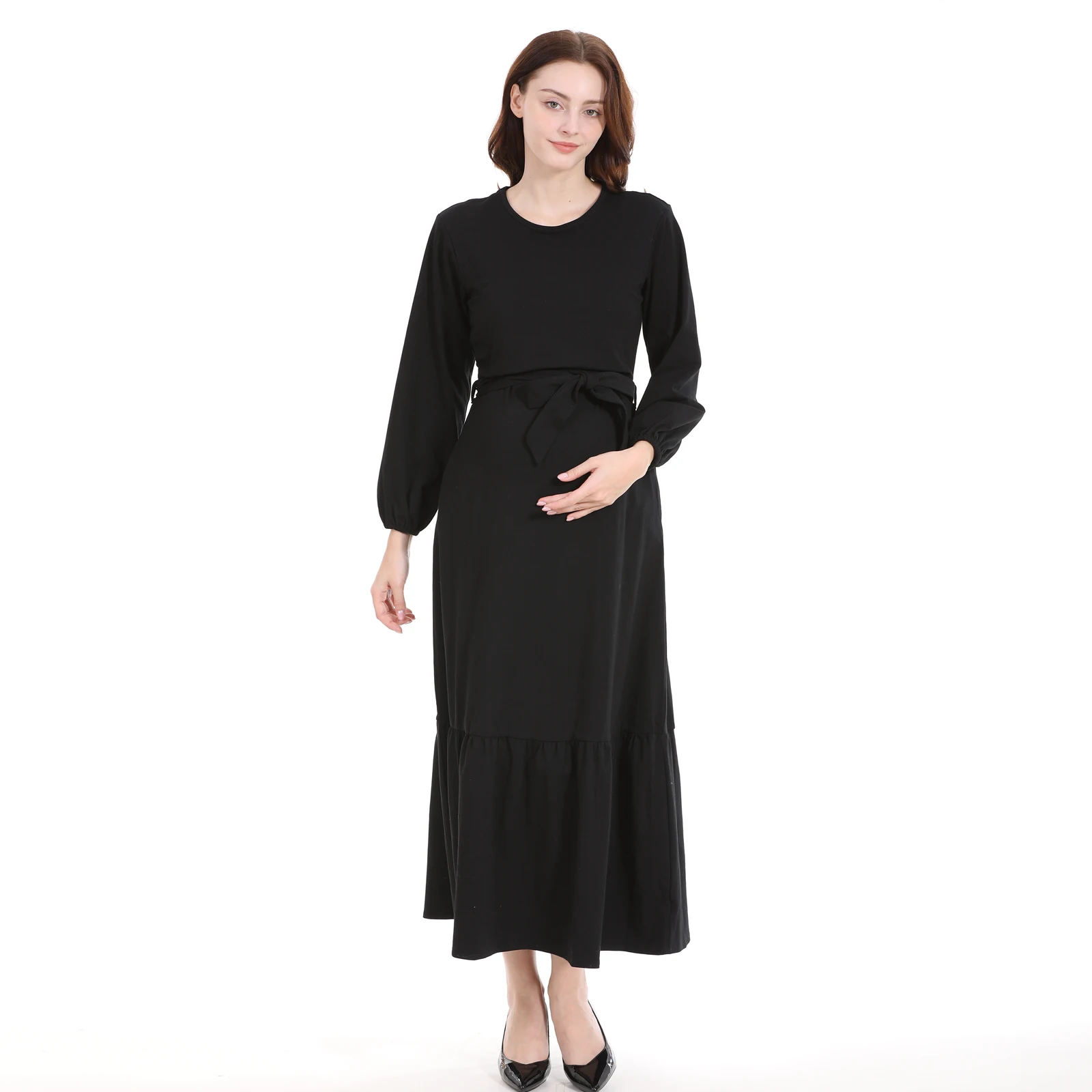 Vestido de lactancia largo plisado liso para primavera y otoño - imagen 5