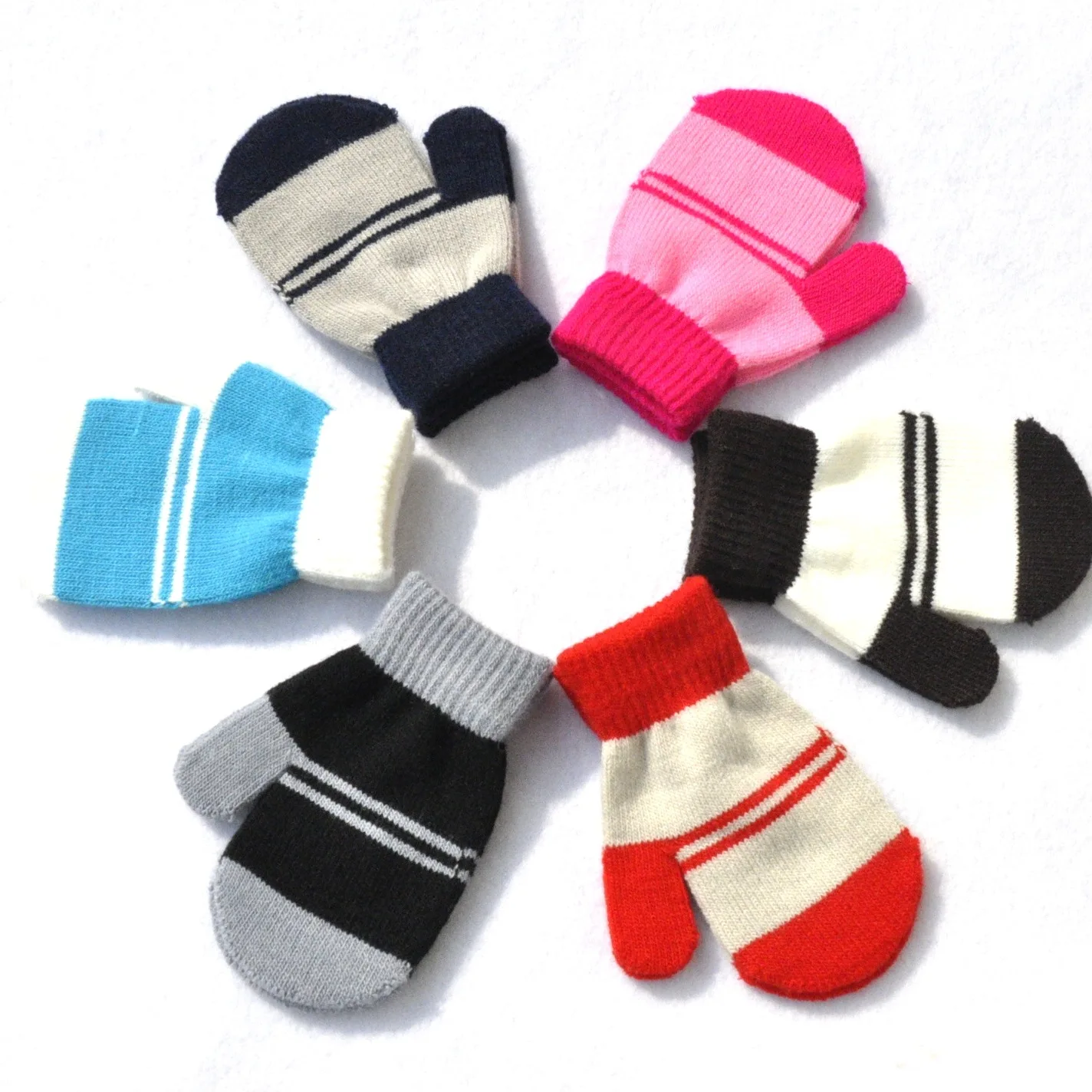 Guantes de punto a rayas para niños y niñas, mitones de invierno