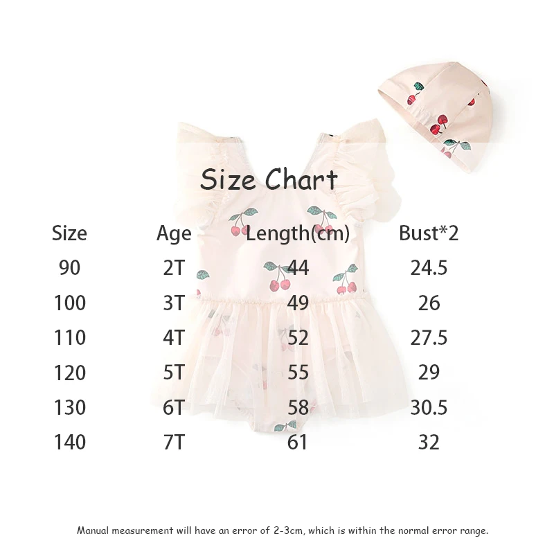 Traje de baño infantil con estampado de cerezas y falda de tul