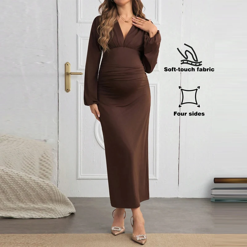 Vestido de maternidad manga larga con cuello en V elegante y cómodo