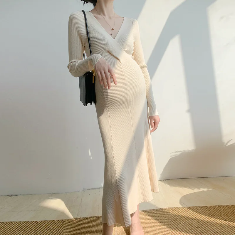Vestido premamá de punto con cuello en V para otoño e invierno