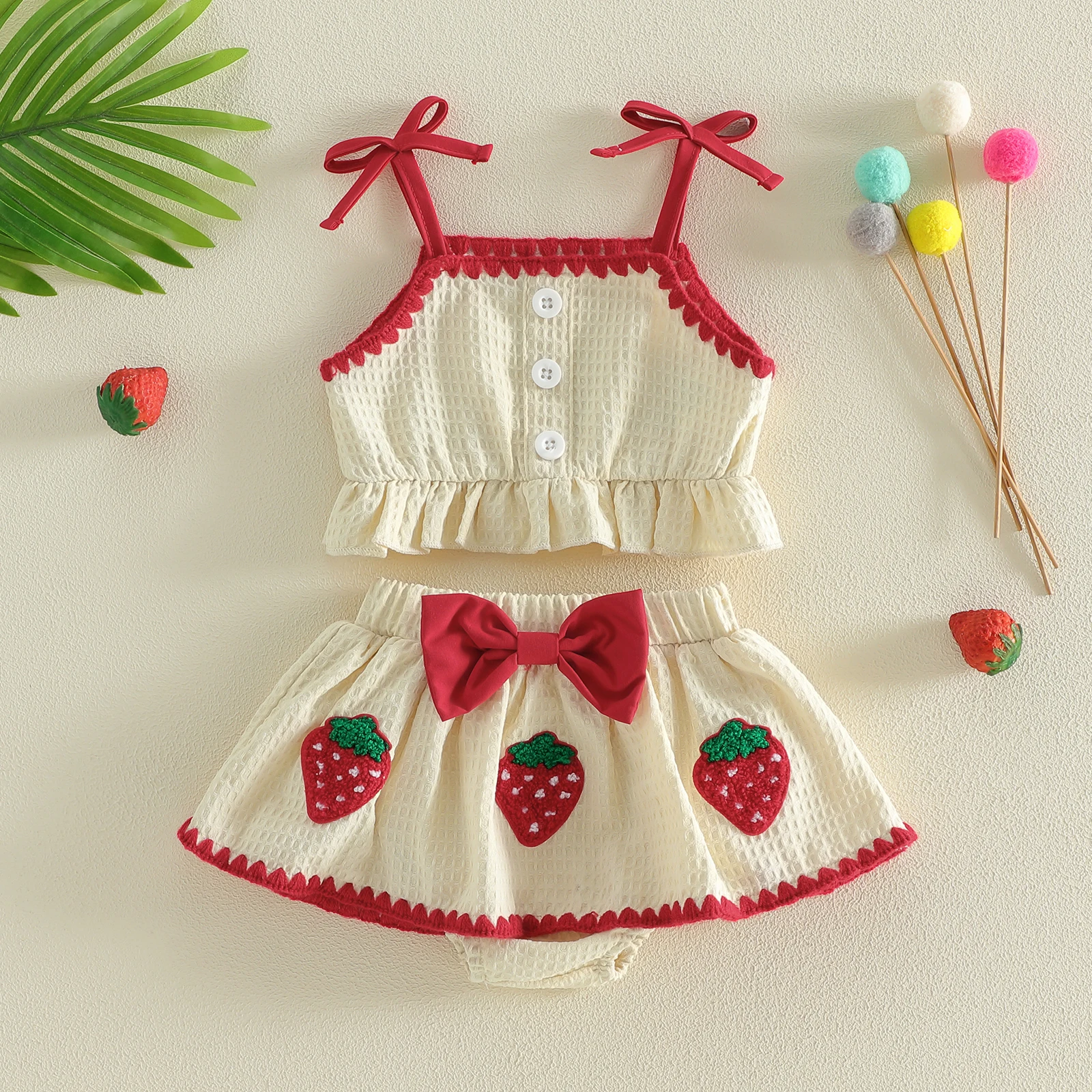 Conjunto bebé niña verano volantes falda-pantalón fresa