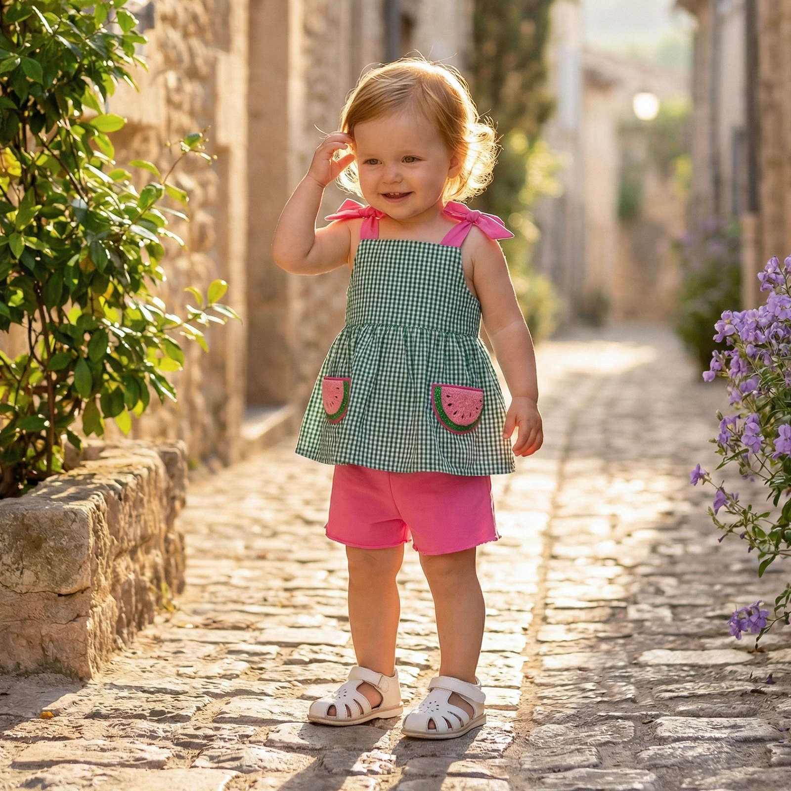 Conjunto verano niña: camiseta sin mangas bordado sandía y corto liso - imagen 4