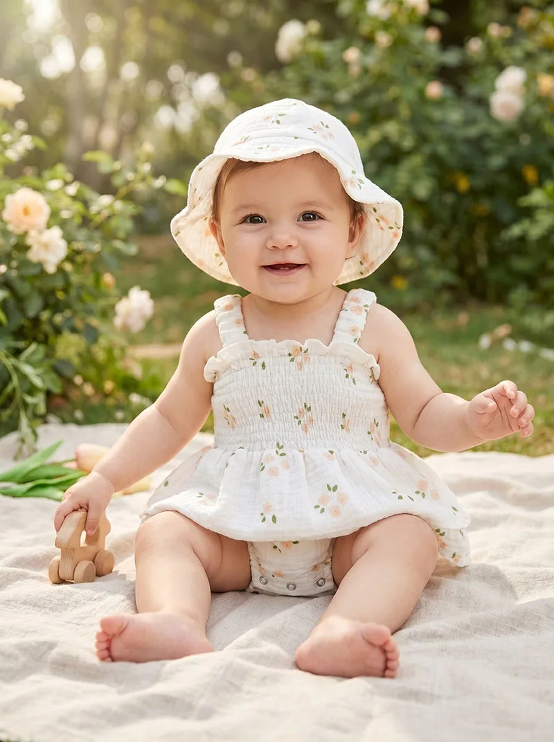 Body veraniego de bebé con flores, tirantes finos y gorro incluido - imagen 5