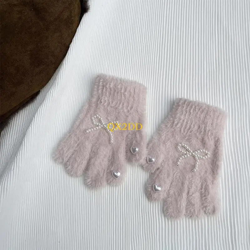Guantes de punto con lazo y perlas para niña