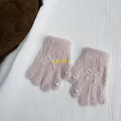 Guantes de punto con lazo y perlas para niña
