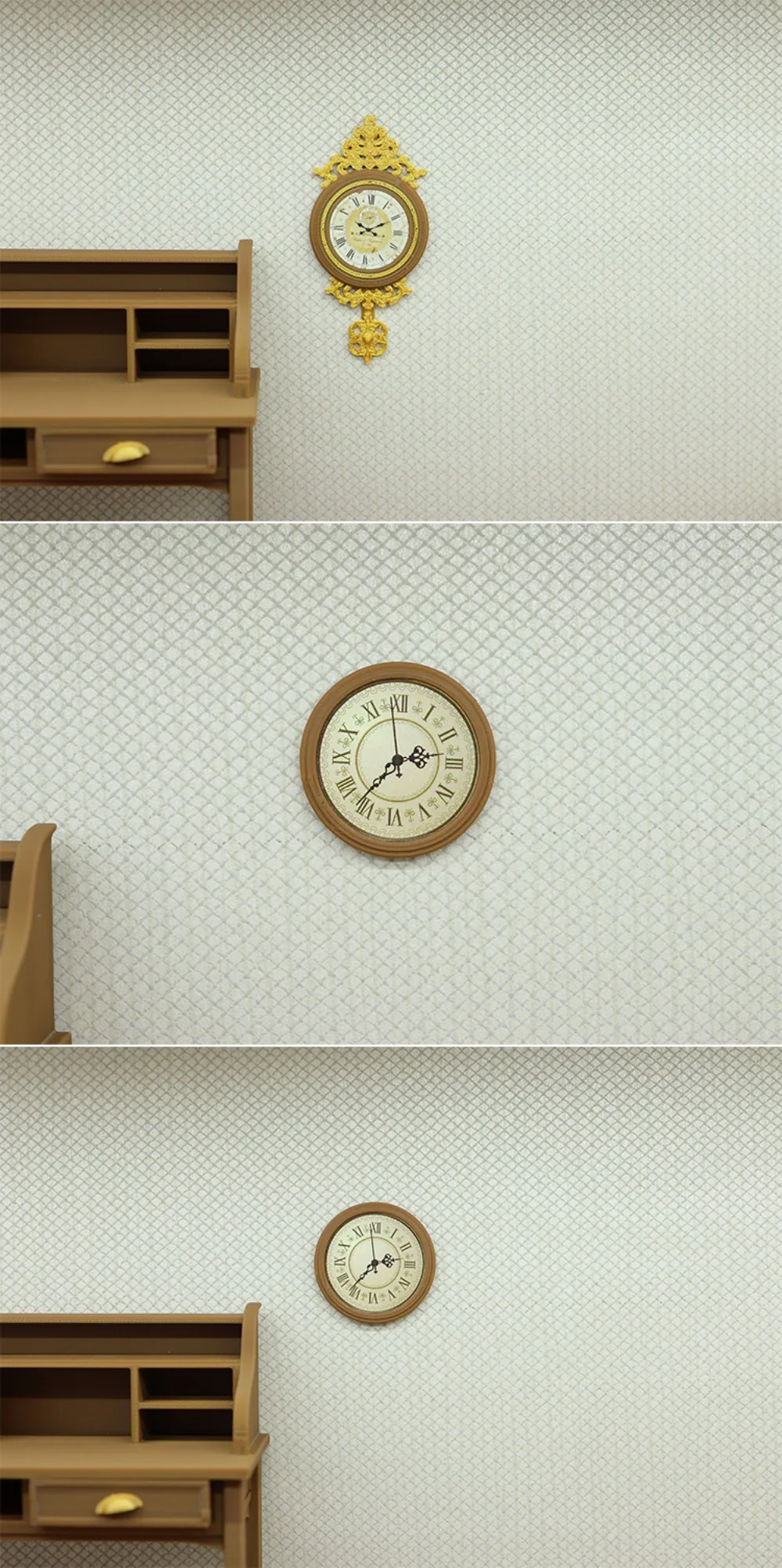 Reloj instalado en pared de casa de muñecas
