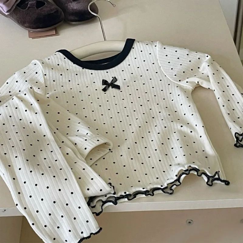 Pijama infantil de algodón suave coreano con lazo puntos negros - imagen 5