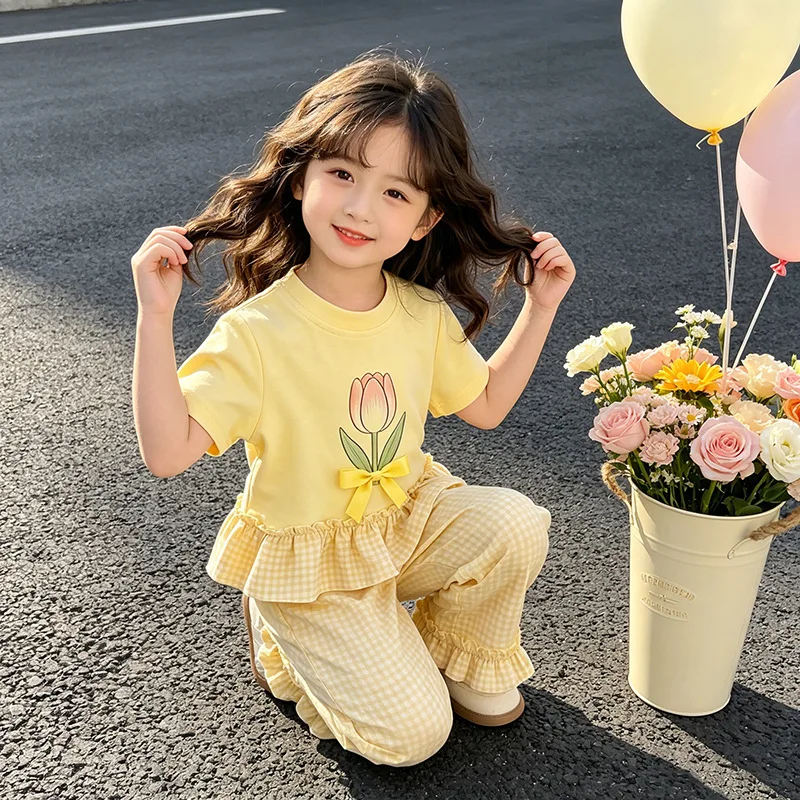 Conjunto de verano niña Somenie con camiseta a cuadros y lazo