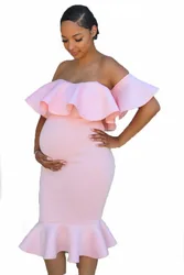 Vestido de maternidad largo elástico con cuello de volantes para fotos