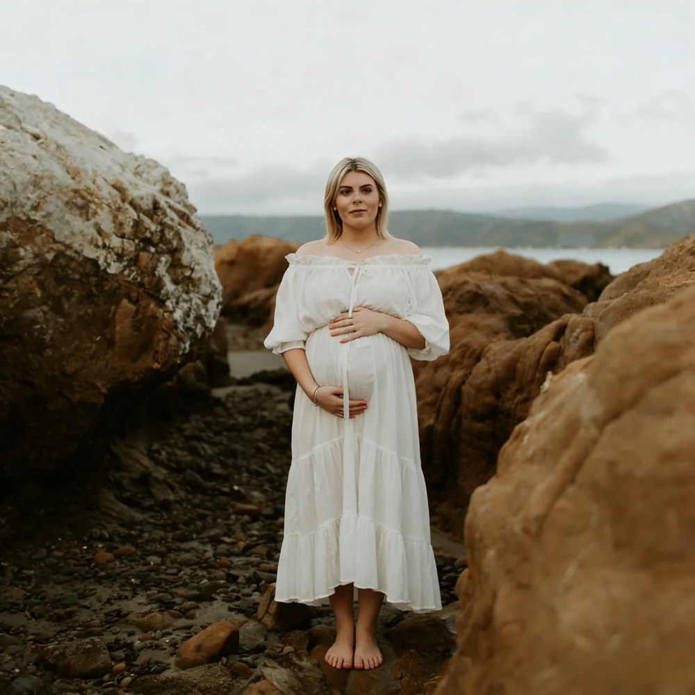 Vestido de maternidad blanco para fotos con hombros descubiertos - imagen 2