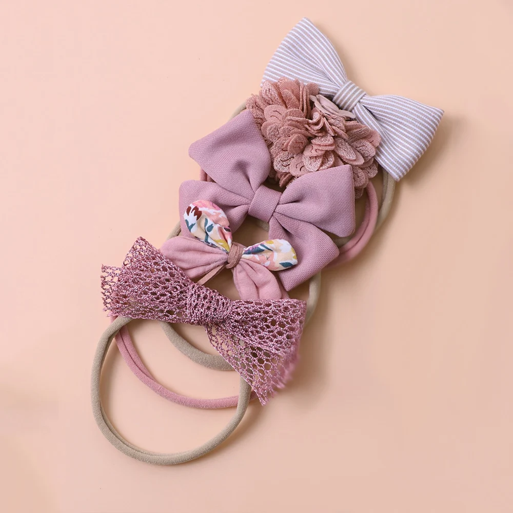 Diadema rosa de nailon para bebé recién nacido con lazo y flores - imagen 2