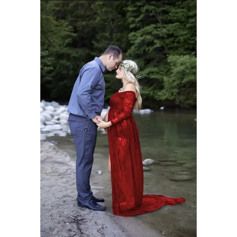Vestido de embarazo largo con encaje y manga larga para fotos - imagen 2