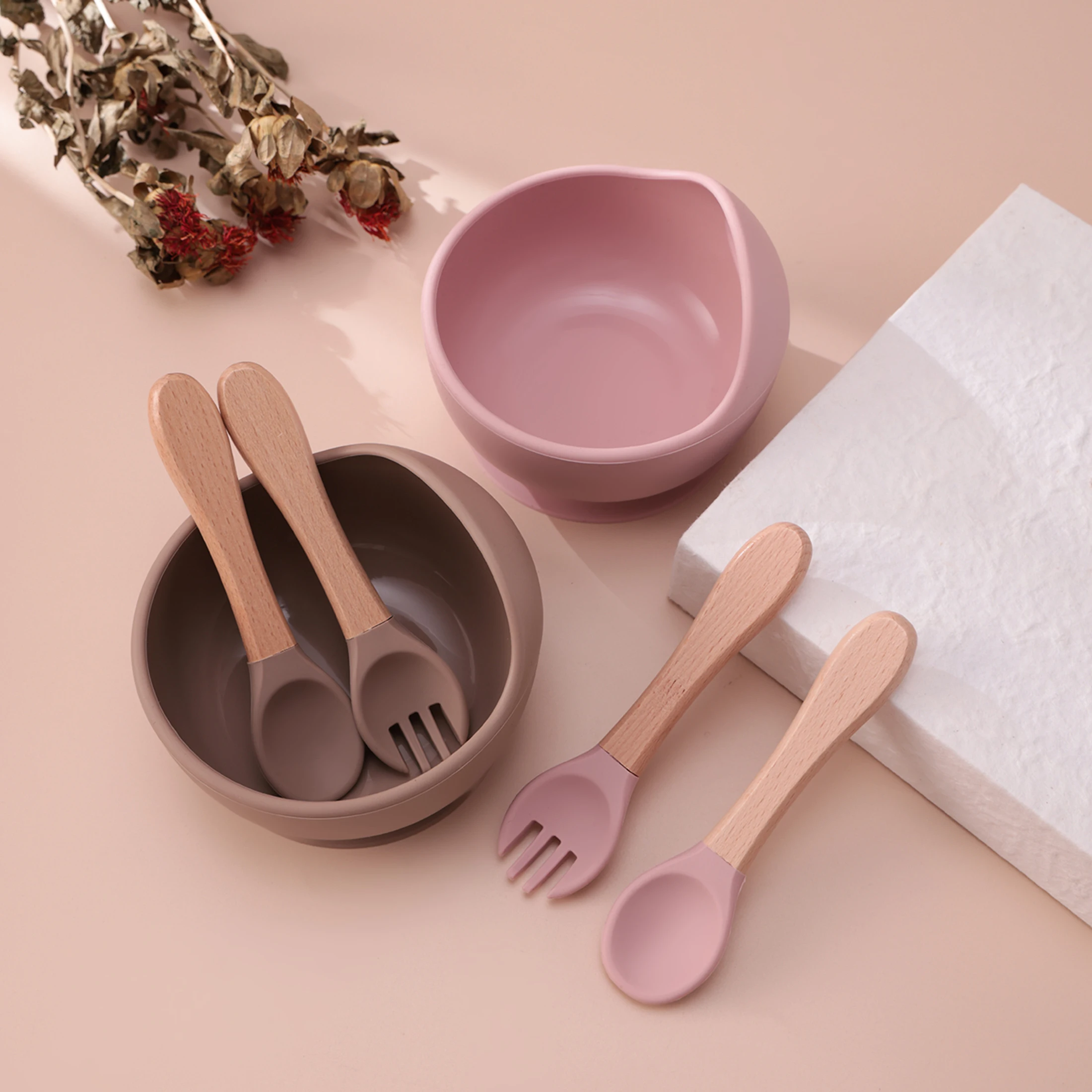 Juego alimentación bebé: tazón silicona ventosa, cubiertos de madera