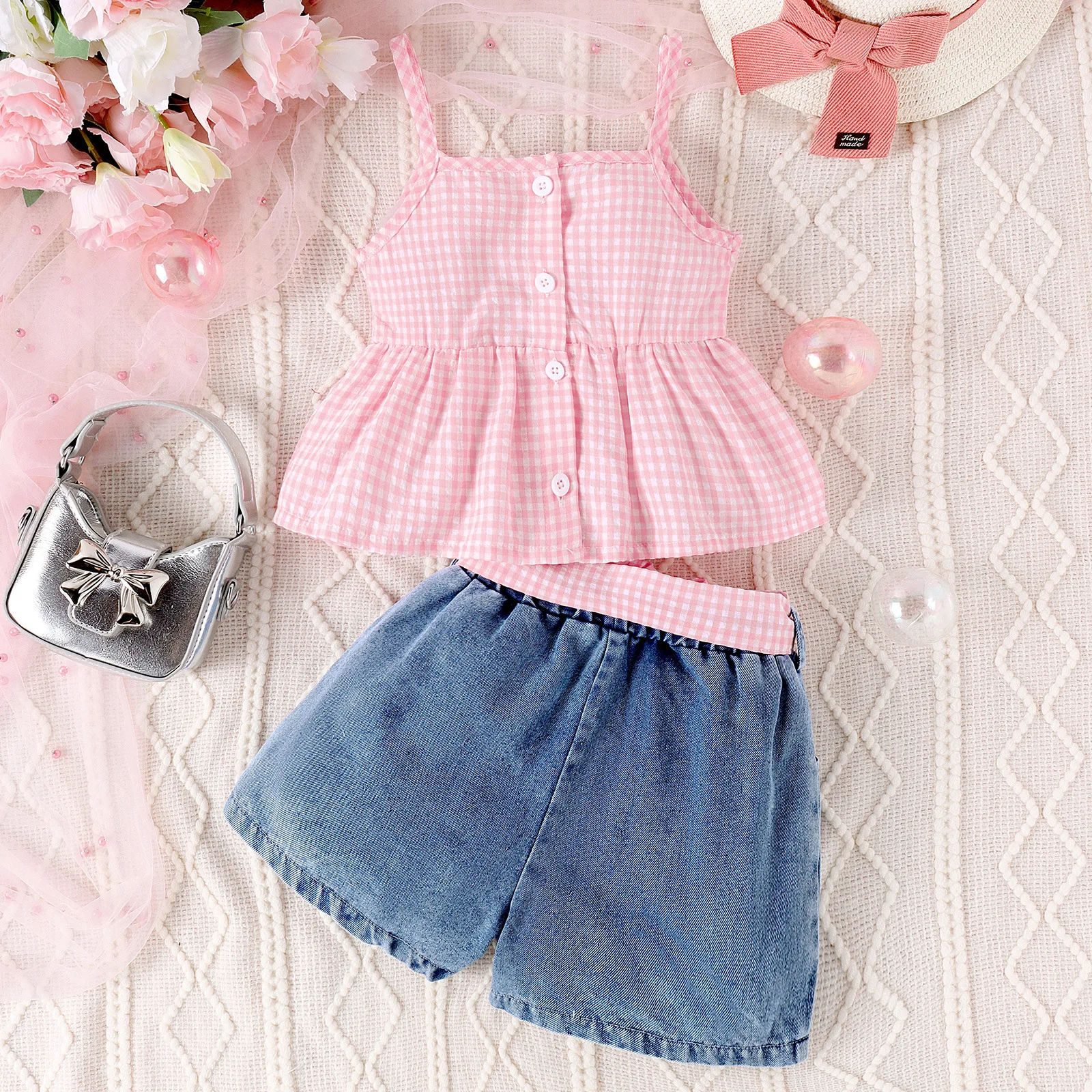 Conjunto de verano de cuadros: sin mangas y bermuda de mezclilla - imagen 3