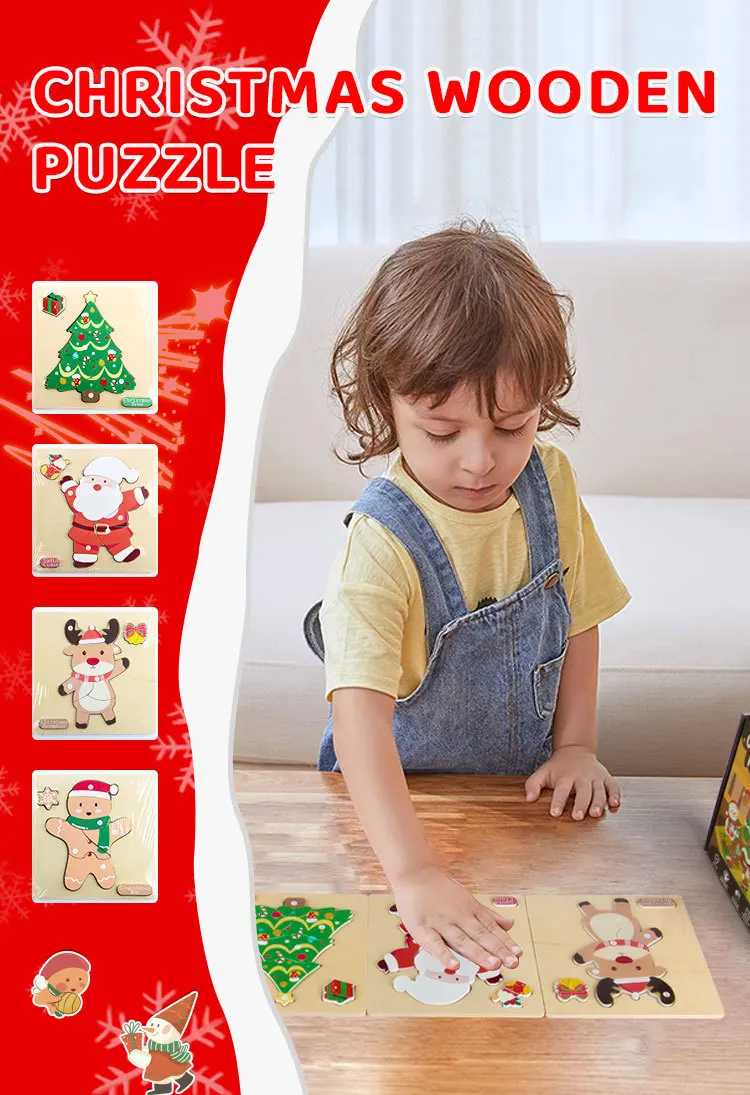 Papá Noel y escena navideña en rompecabezas de madera