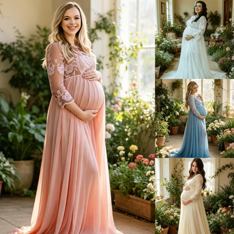 XXFE vestido de maternidad con tren para fiesta, manga media cómodo - imagen 3