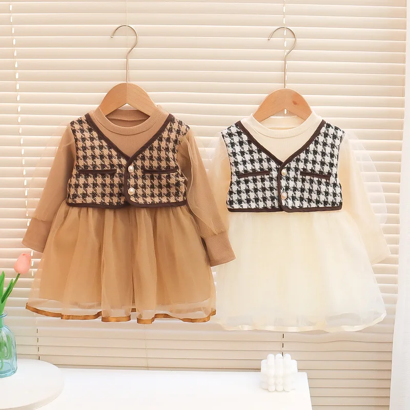 Vestido de bebé a cuadros manga larga estilo princesa para niña - imagen 4