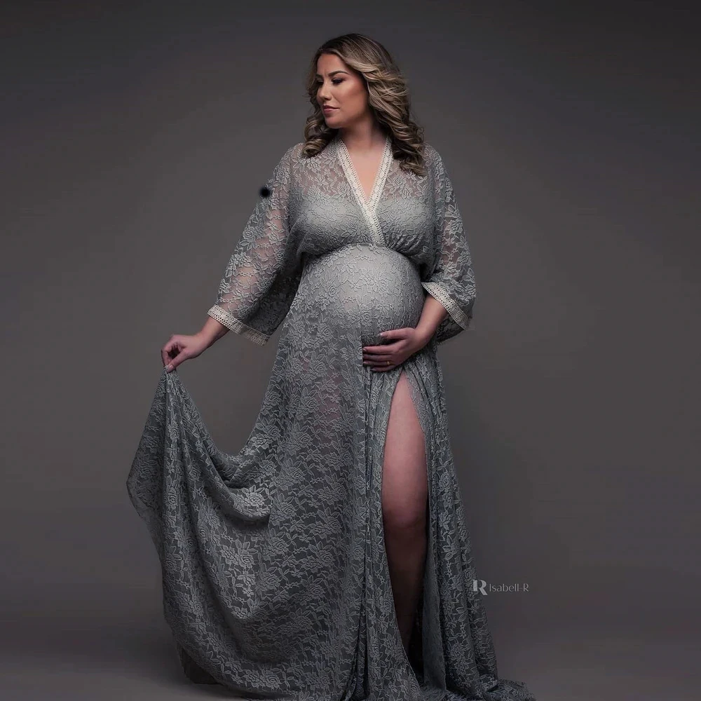 Vestido de embarazo bohemio con encaje y gasa cuello en V - imagen 2