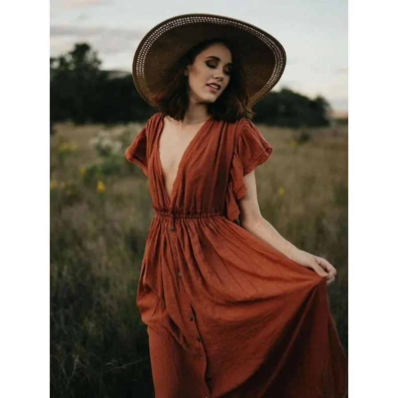 Vestido bohemio de maternidad con abertura frontal y botones - imagen 2