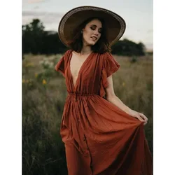 Vestido bohemio de maternidad con abertura frontal y botones