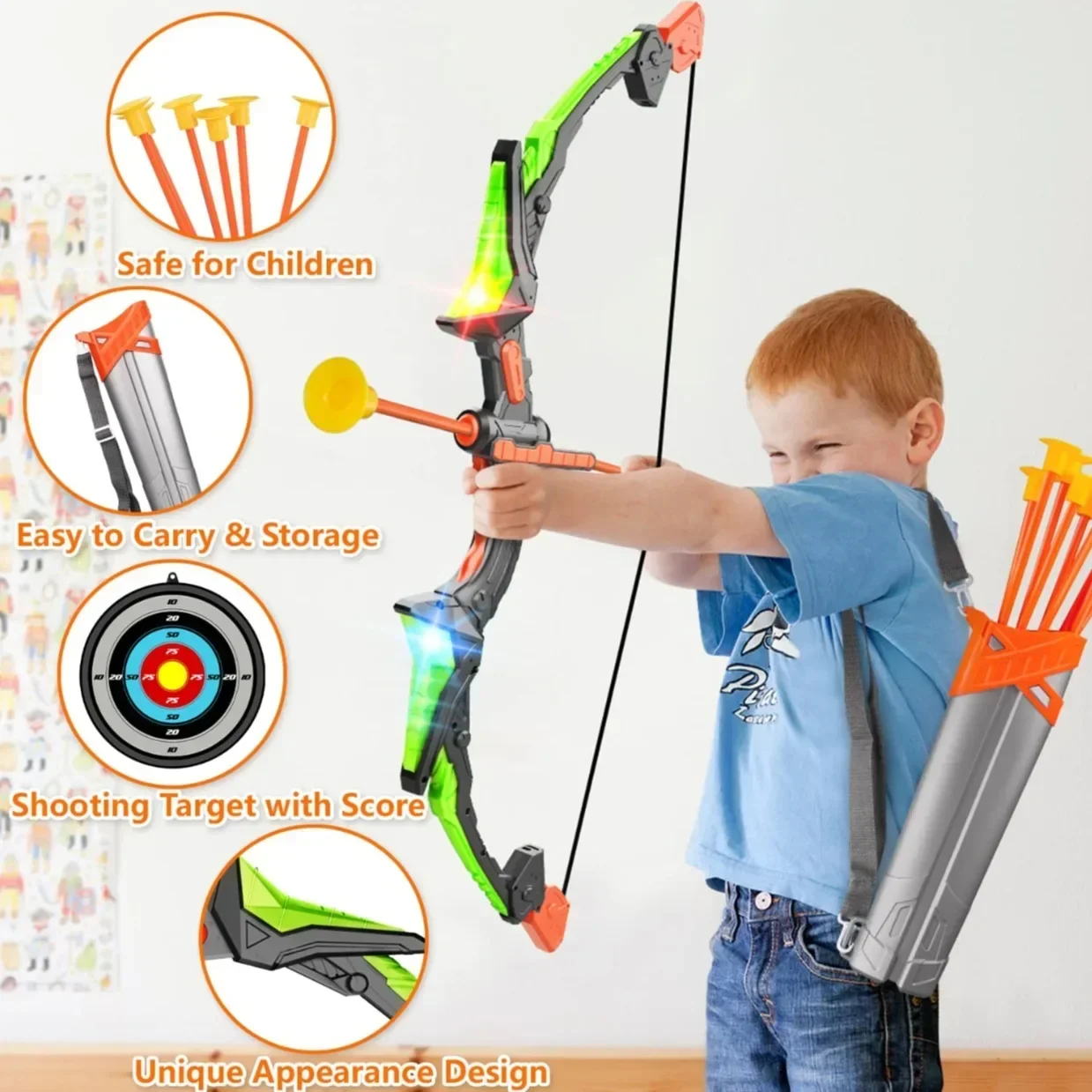 Arco y flecha iluminado para niños – Juego de tiro al aire libre