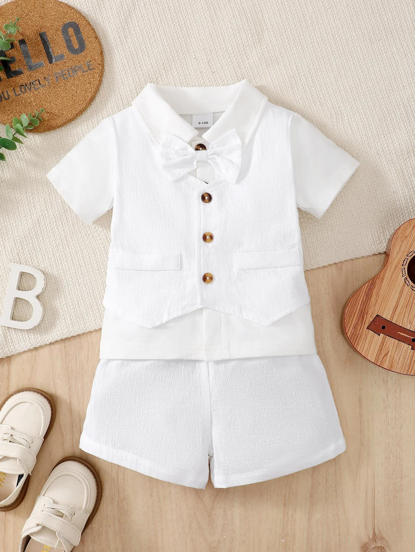 Conjunto verano bebé niño camisa manga corta y bermudas con pajarita - imagen 4
