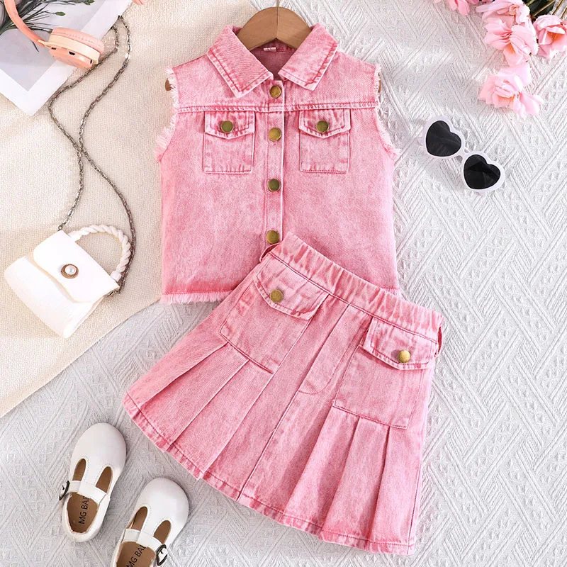 Conjunto verano niña: top tejano rosa sin mangas y falda plisada - imagen 5
