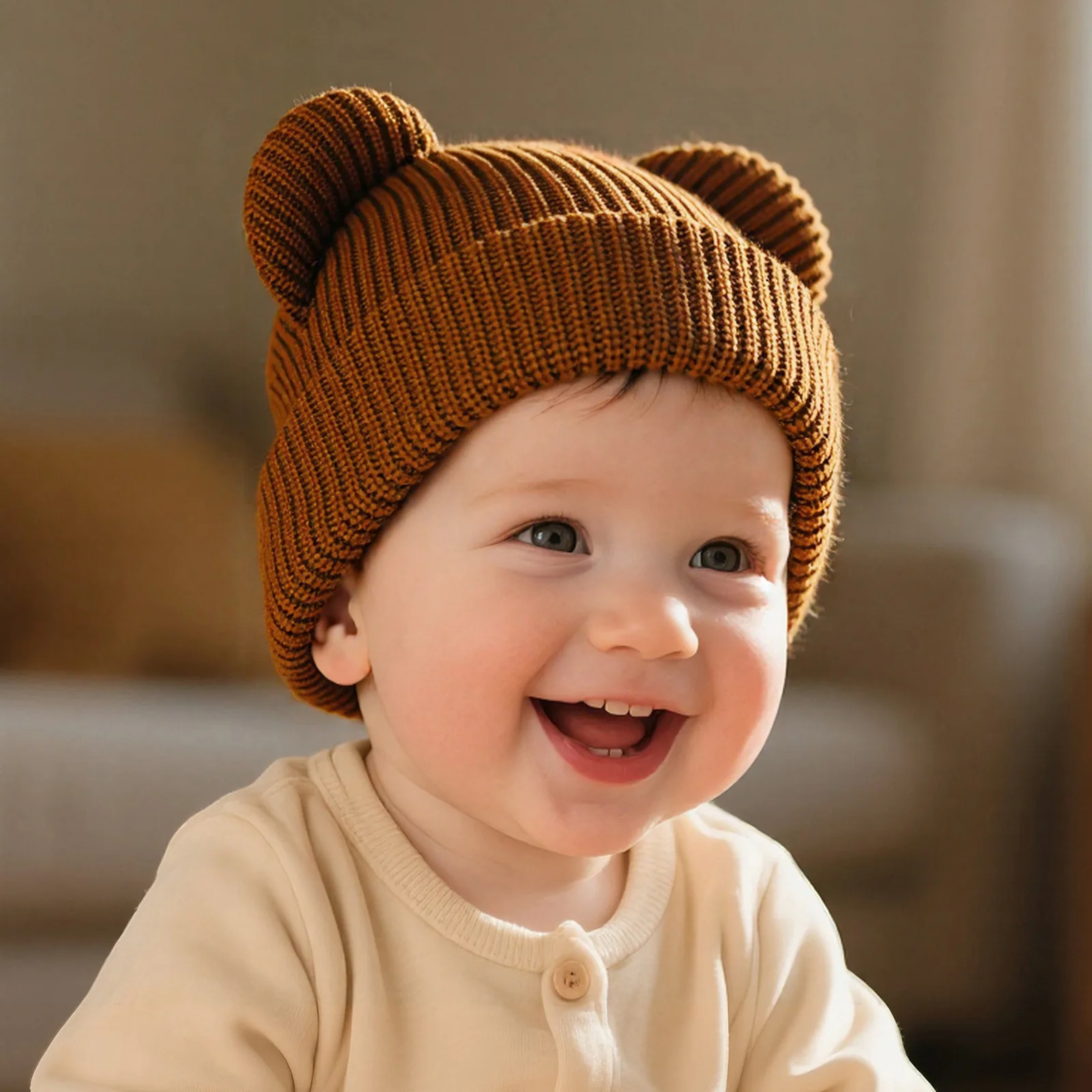 Gorro de invierno tejido con orejas de oso y protección para oídos - imagen 3