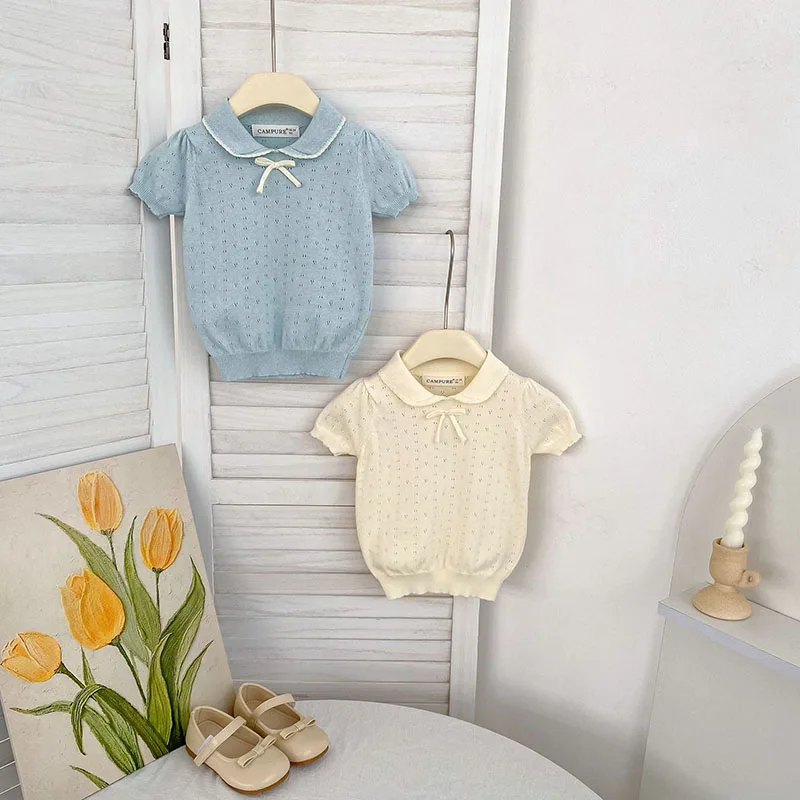 Camiseta niña calada con lazo y tejido ventilado para verano - imagen 5