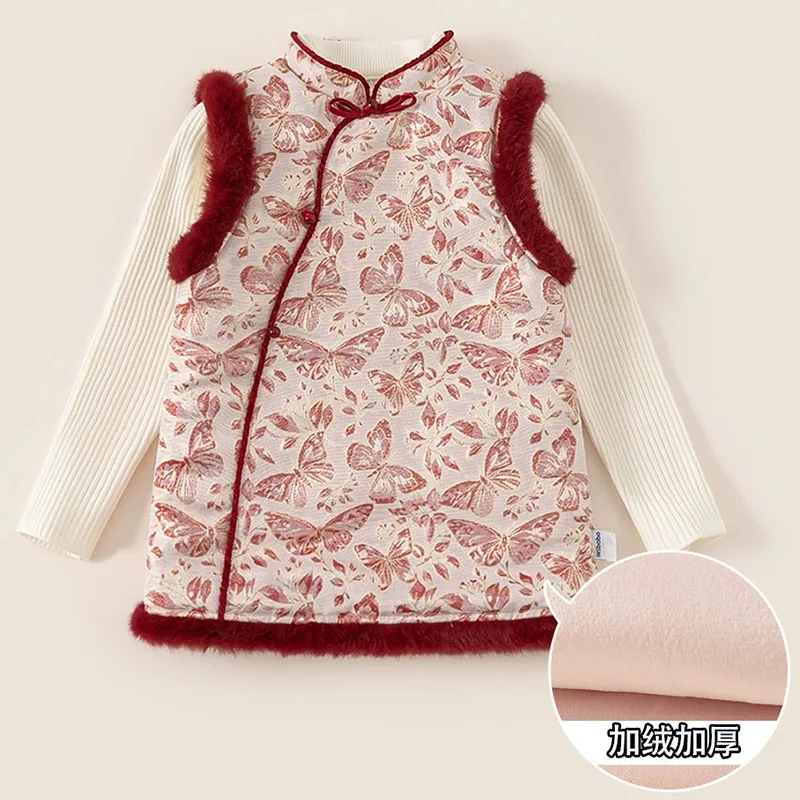 Vestido de invierno para niña sin mangas con bordado mariposa roja