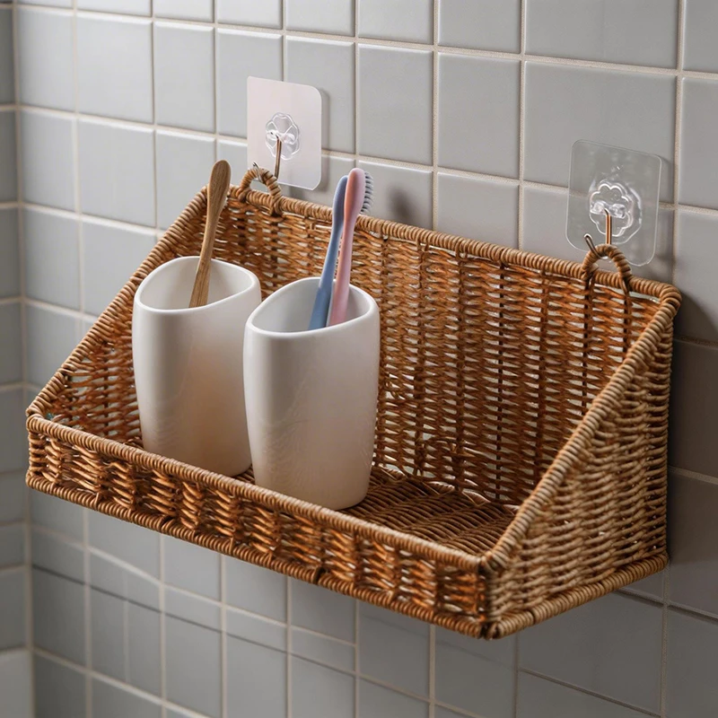 Cesta colgante de ratán tejida con ganchos para pared - imagen 3