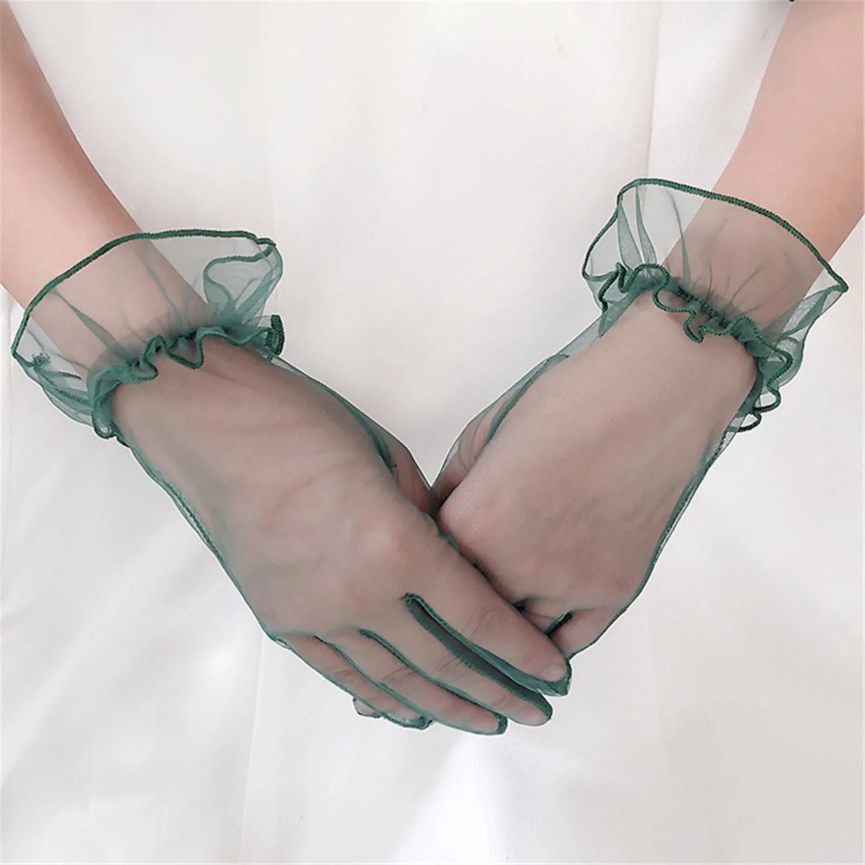 Guantes de encaje cortos elásticos de tul transparente para boda y noche - imagen 4