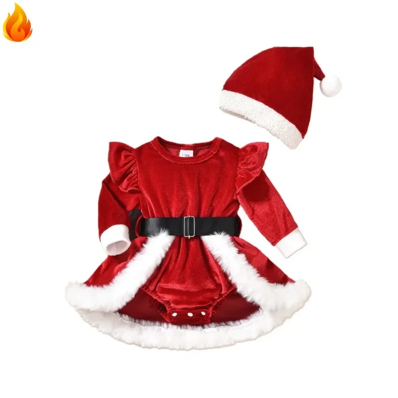 Pelele de Navidad para recién nacida con gorro y falda de terciopelo