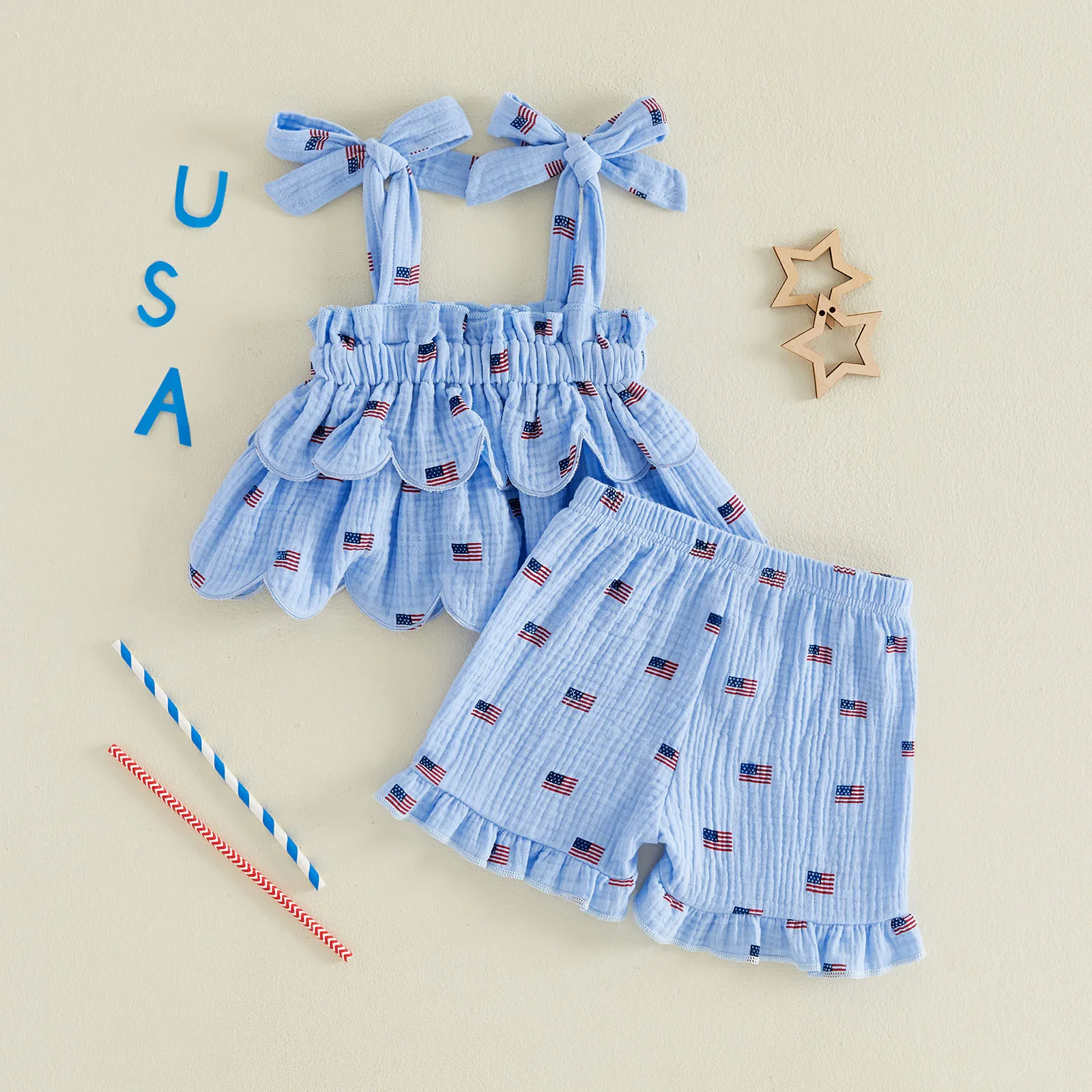 Conjunto de verano para niña sin mangas con volantes estampado bandera - imagen 4