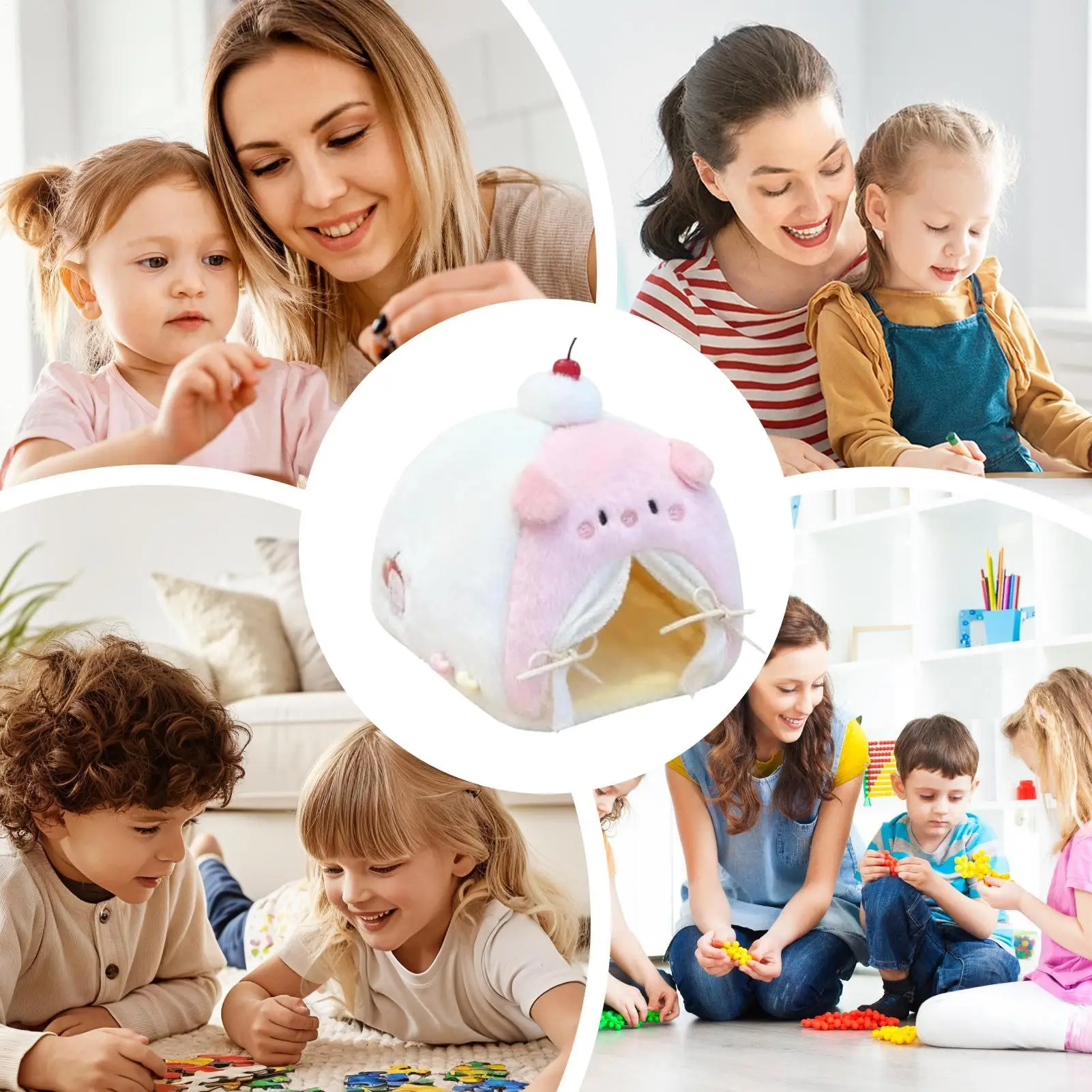 Niña jugando con la cama de muñeca