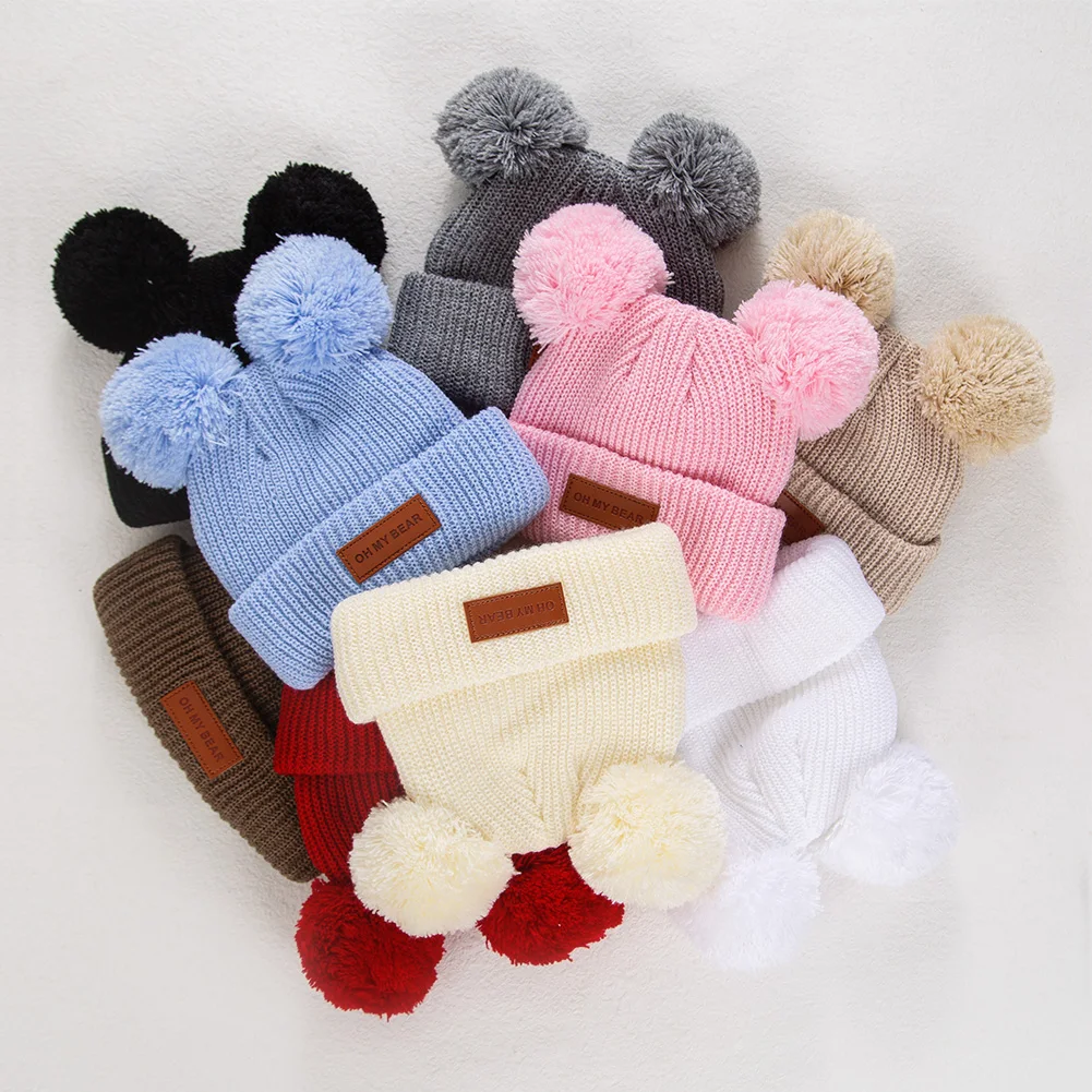 Gorro turbante de punto liso con pompón para bebé otoño e invierno
