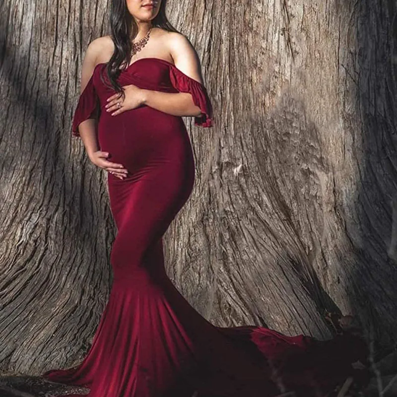 Vestido de maternidad cruzado de algodón sin hombros para fotos - imagen 5