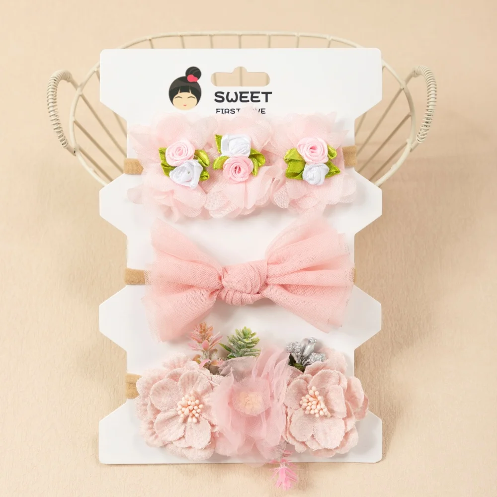 Diadema elástica de nailon con lazo floral rosa para bebé niña - imagen 3