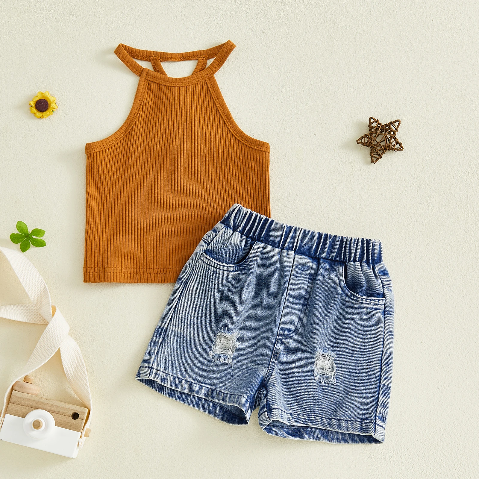 VISgogo conjunto verano niña escote halter top y vaquero rasgado - imagen 4