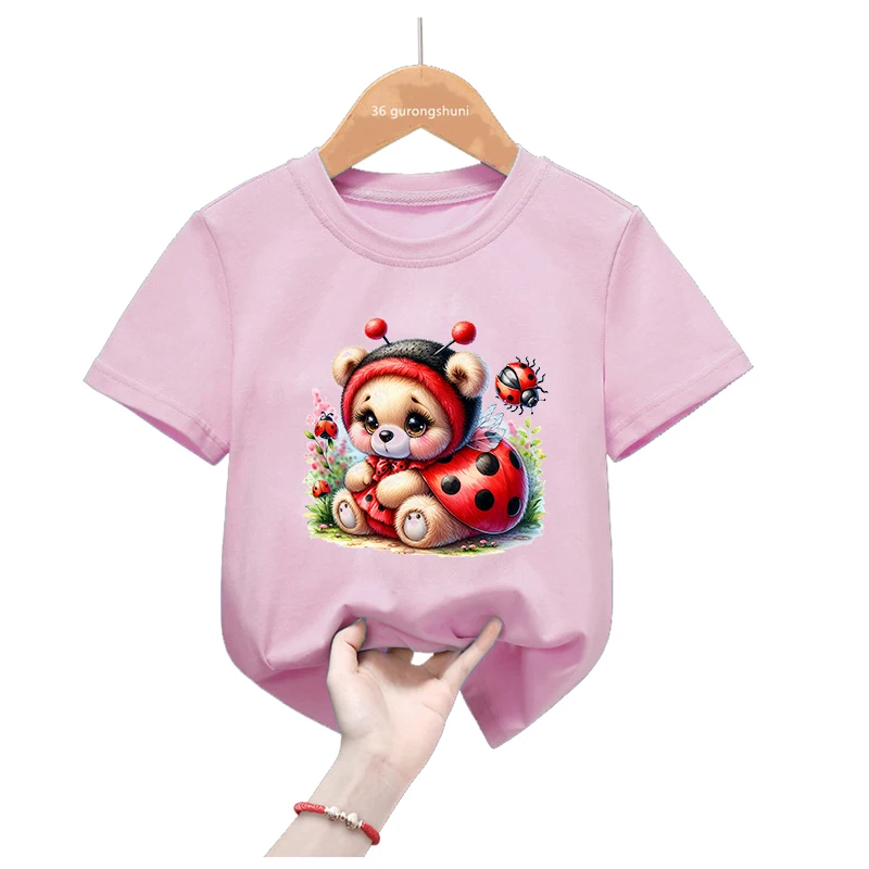 Camiseta rosa manga corta niña con mariquita y flores animales - imagen 2