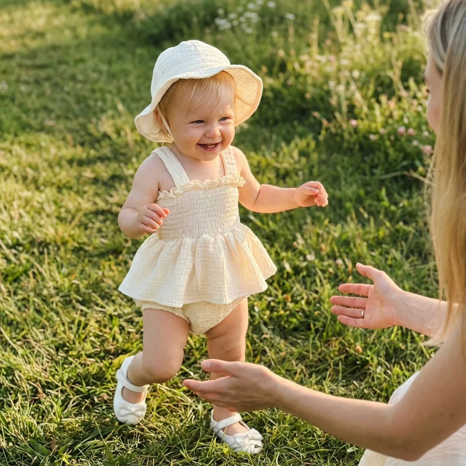 Conjunto bebé niña romper sin mangas liso con gorro y cuello cuadrado - imagen 3