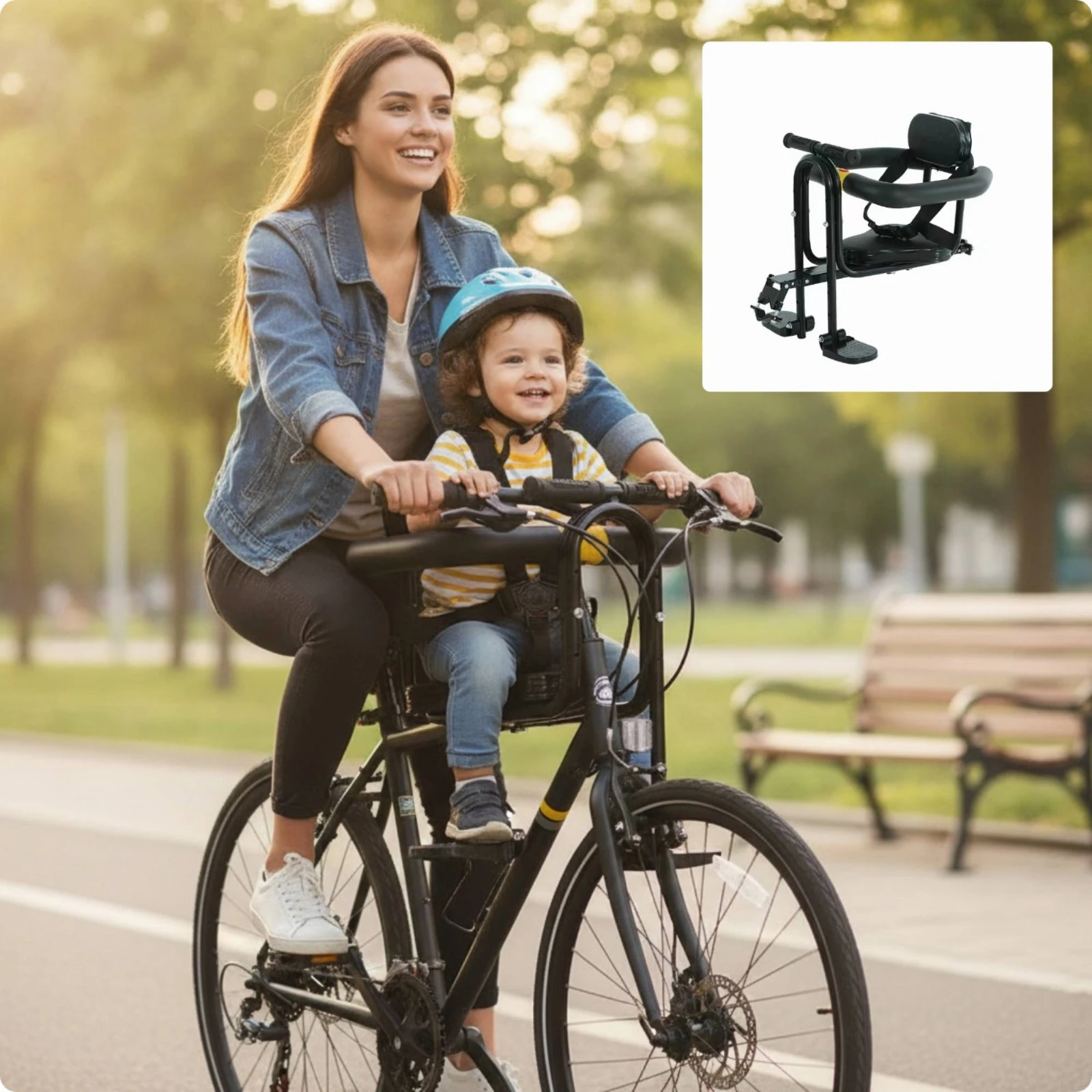 Asiento delantero bicicleta infantil acolchado con arnés y reposapiés - imagen 2