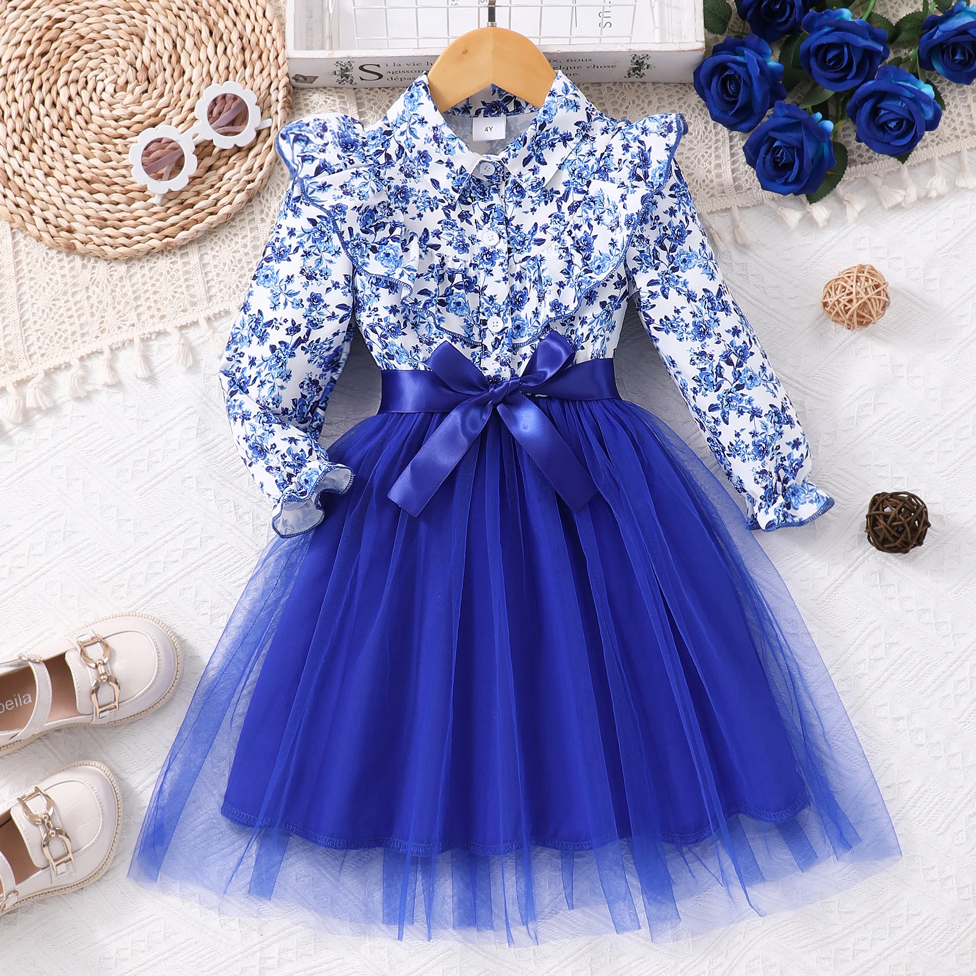 Vestido niña azul princesa con cinturón de gasa y manga larga