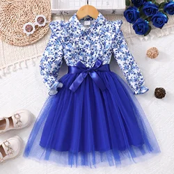 Vestido niña azul princesa con cinturón de gasa y manga larga