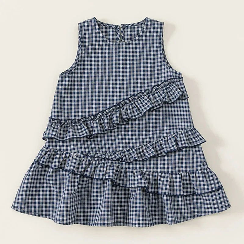 Vestido azul de cuadros sin mangas de algodón para niña - imagen 4