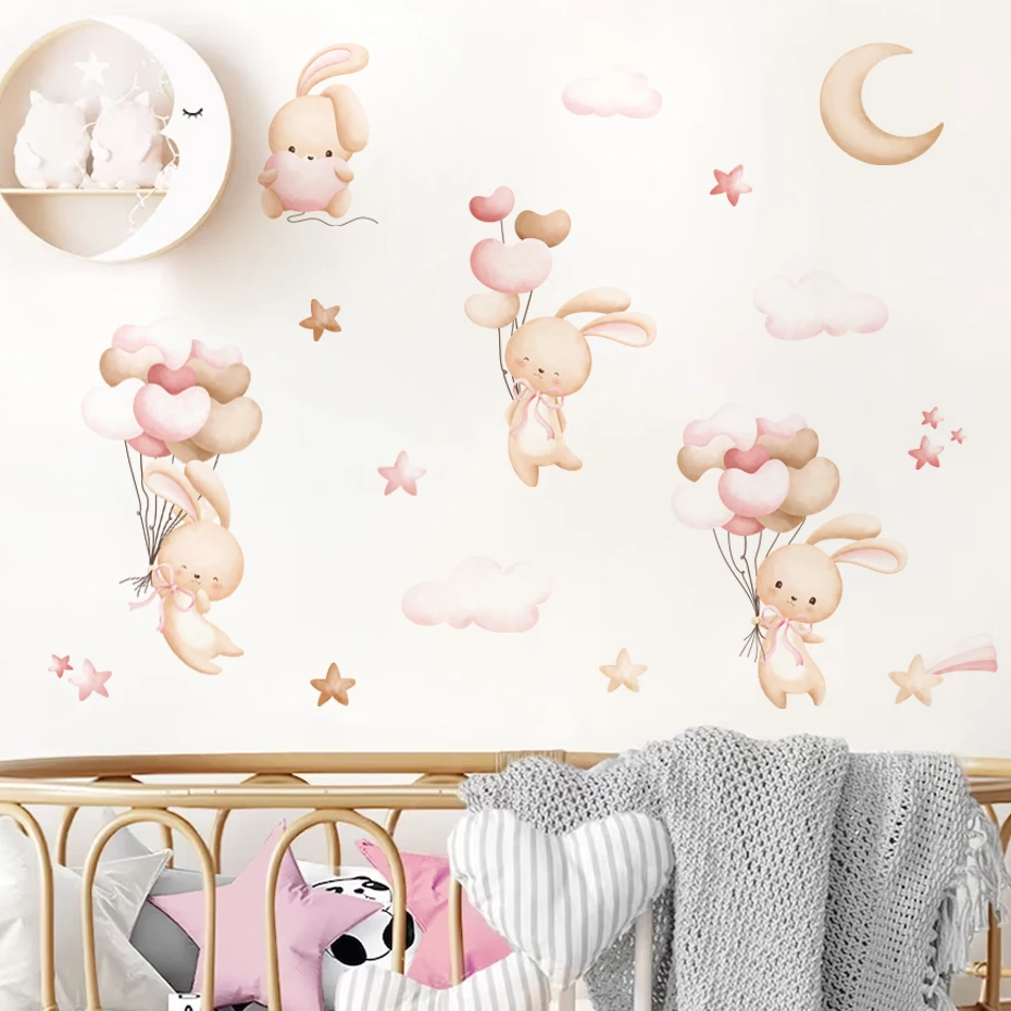 Pegatinas de pared vinilo acuarela rosa conejito luna estrellas - imagen 4