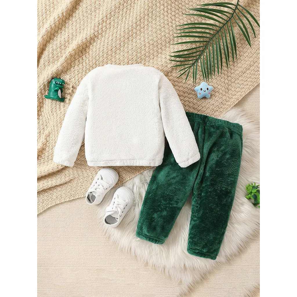 Conjunto bebé recién nacido de felpa con dinosaurios y pantalón verde - imagen 3